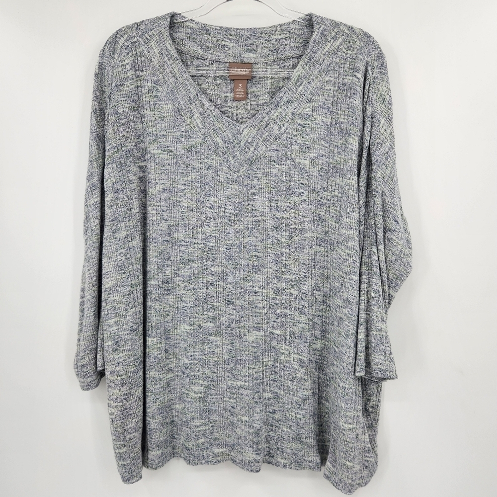 Chicos 3 V Neck 3/4 Sleeve Knit Top Womens Size XL Blue Greeen Heather